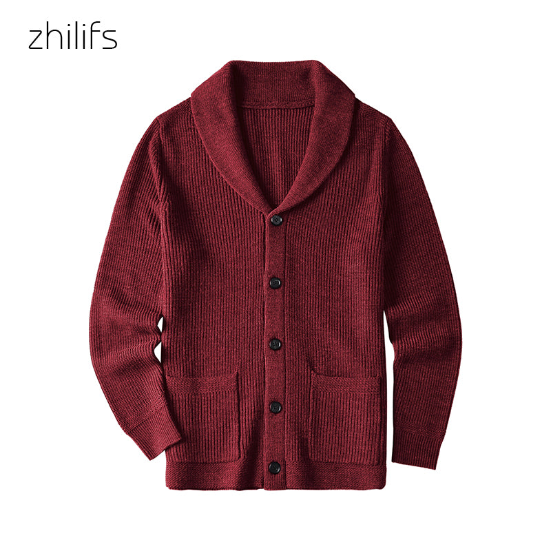 ZHILIFS Men's Shawl Collar Cardigan Sweater Slim Fit Cable Knit Button up Black wool Sweater