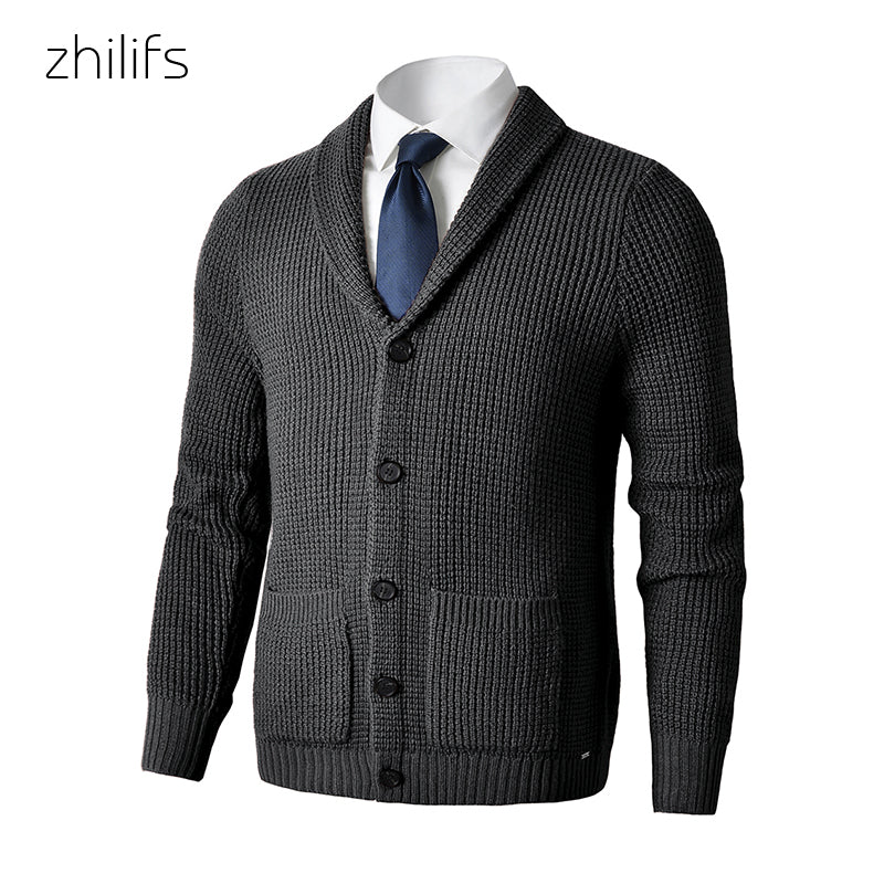 ZHILIFS Men's Casual Slim Thick Knitted Shawl Collar Cardigan Sweaters Pockets