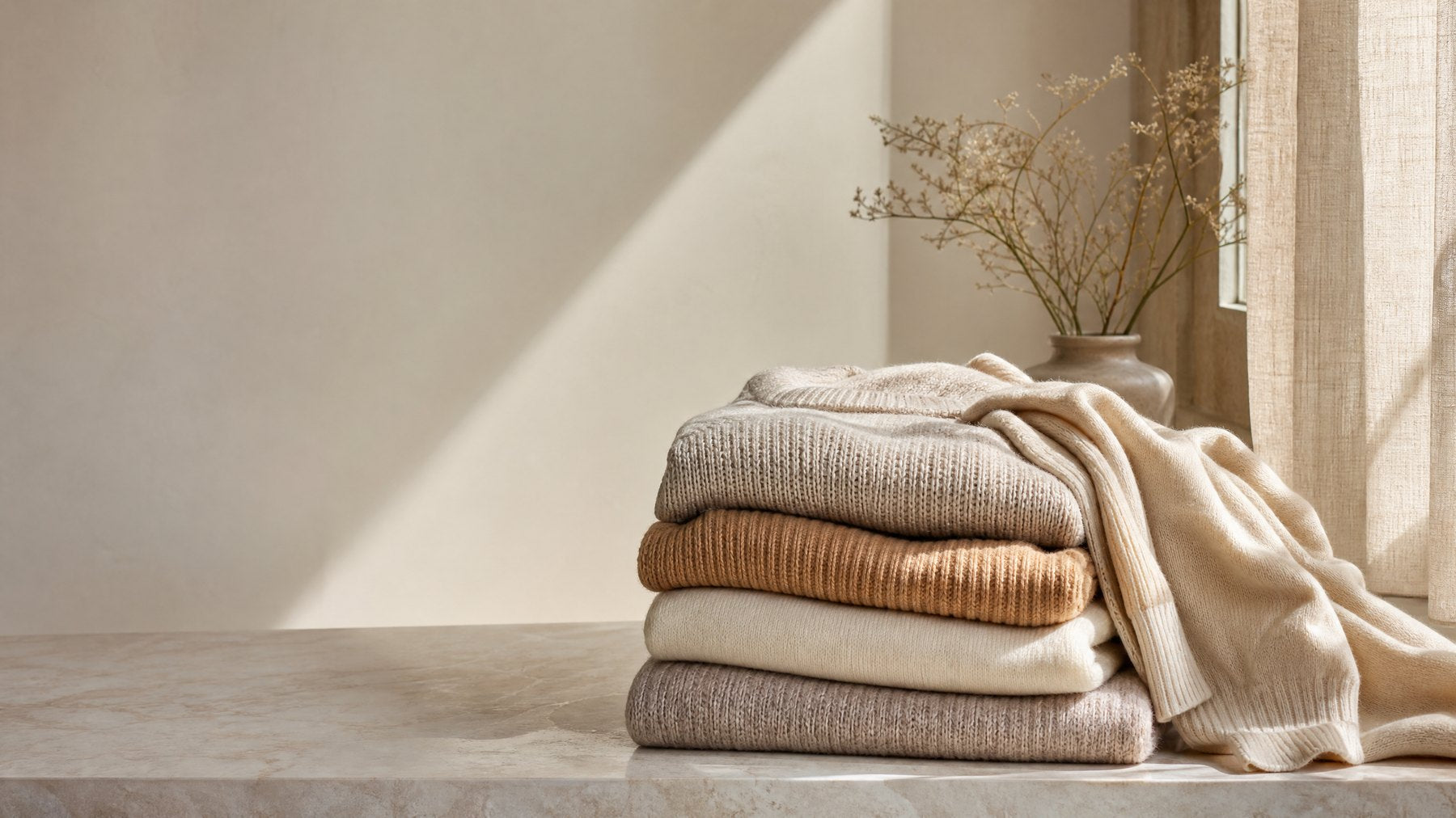 Folded fine-gauge cashmere and wool knitwear in warm neutral tones
